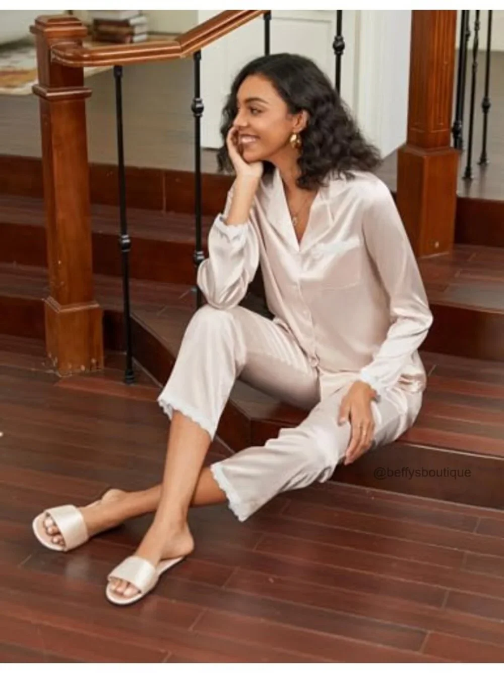 Satin Pajama Set Women Long Sleeve Button Down Loungewear 2 Piece Sleepwear